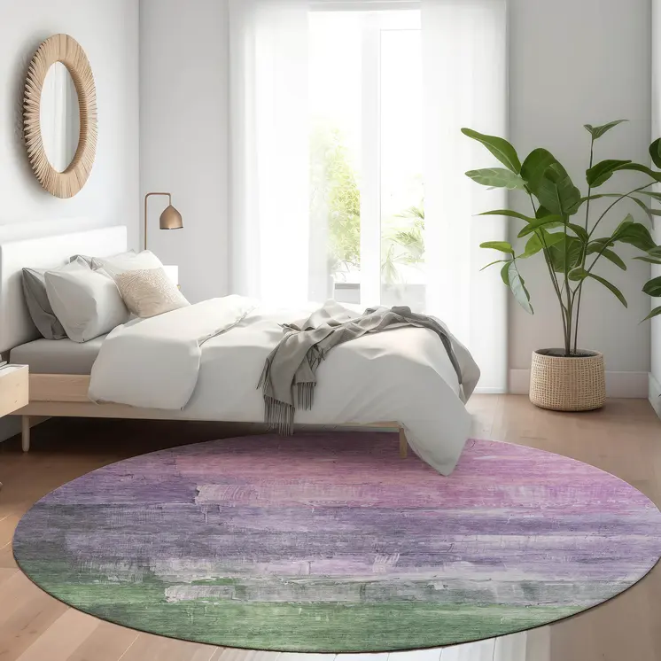 8' Lavender And Lilac Round Abstract Washable Indoor Outdoor Area Rug