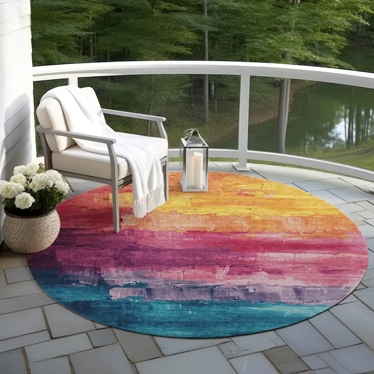 8' Merlot And Blush Round Abstract Washable Indoor Outdoor Area Rug