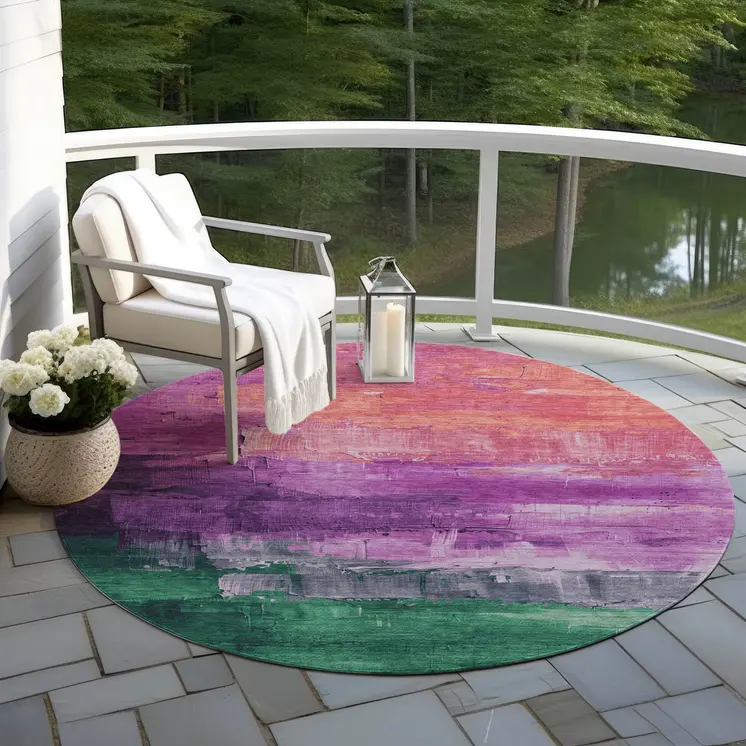 8' Purple Salmon And Green Round Abstract Washable Indoor Outdoor Area Rug
