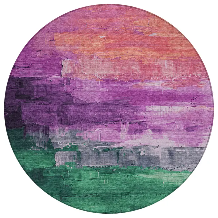 8' Purple Salmon And Green Round Abstract Washable Indoor Outdoor Area Rug