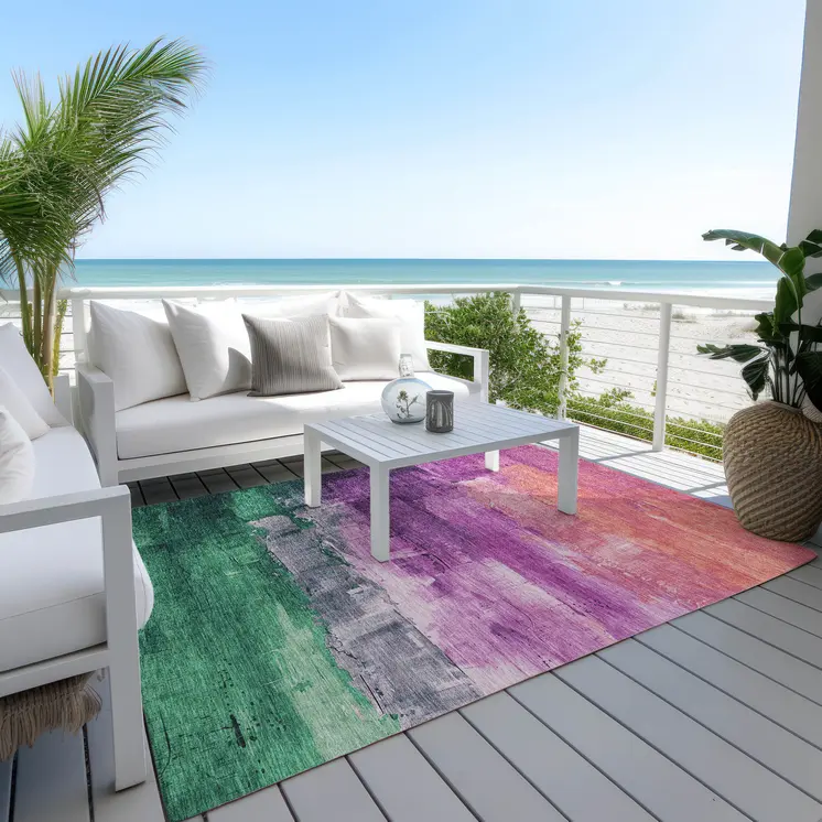 9' X 12' Purple Salmon And Green Abstract Washable Indoor Outdoor Area Rug