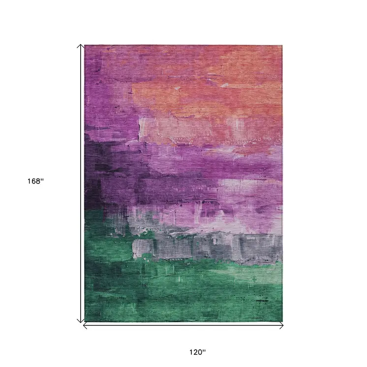10' X 14' Purple Salmon And Green Abstract Washable Indoor Outdoor Area Rug