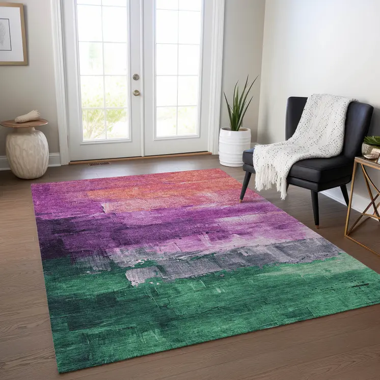 10' X 14' Purple Salmon And Green Abstract Washable Indoor Outdoor Area Rug