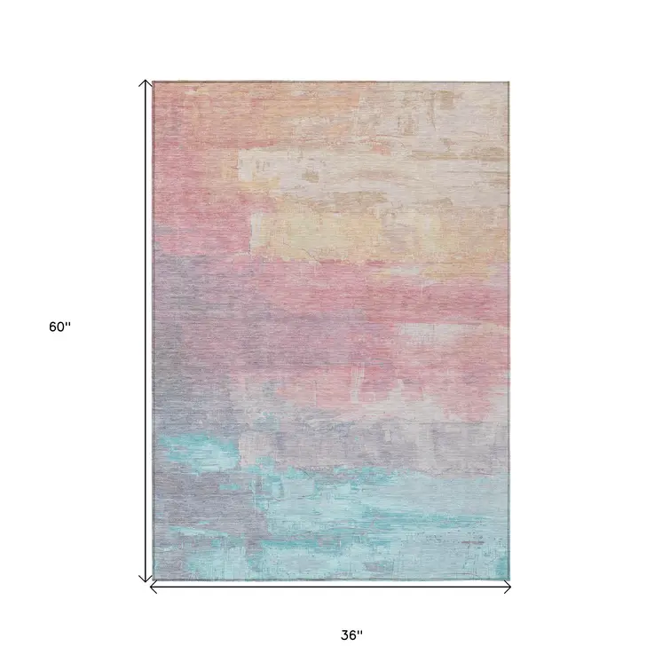3' X 5' Salmon And Beige Abstract Washable Indoor Outdoor Area Rug