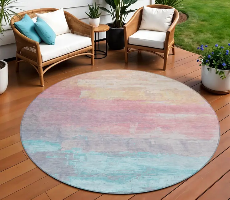 8' Salmon And Beige Round Abstract Washable Indoor Outdoor Area Rug