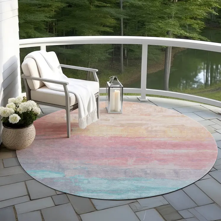 8' Salmon And Beige Round Abstract Washable Indoor Outdoor Area Rug