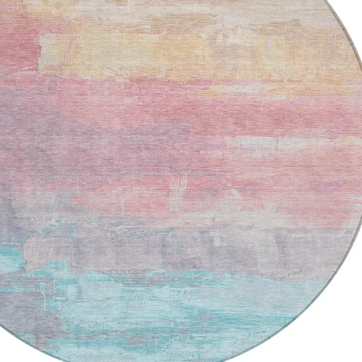 8' Salmon And Beige Round Abstract Washable Indoor Outdoor Area Rug