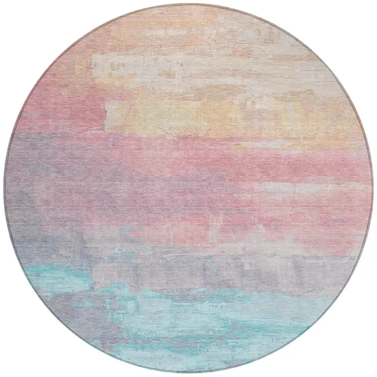 8' Salmon And Beige Round Abstract Washable Indoor Outdoor Area Rug