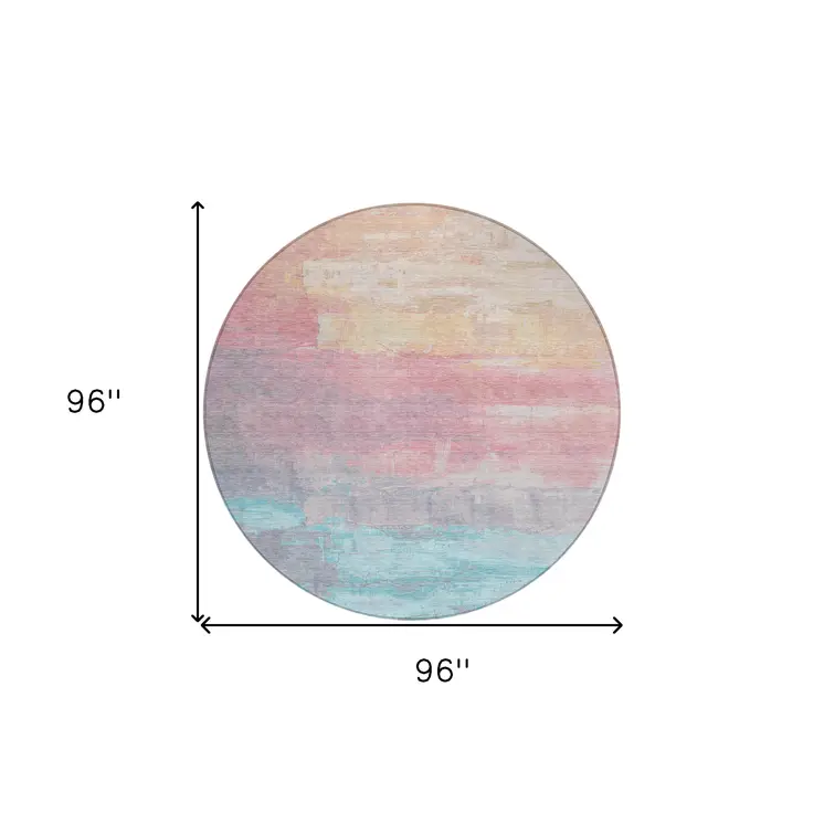 8' Salmon And Beige Round Abstract Washable Indoor Outdoor Area Rug