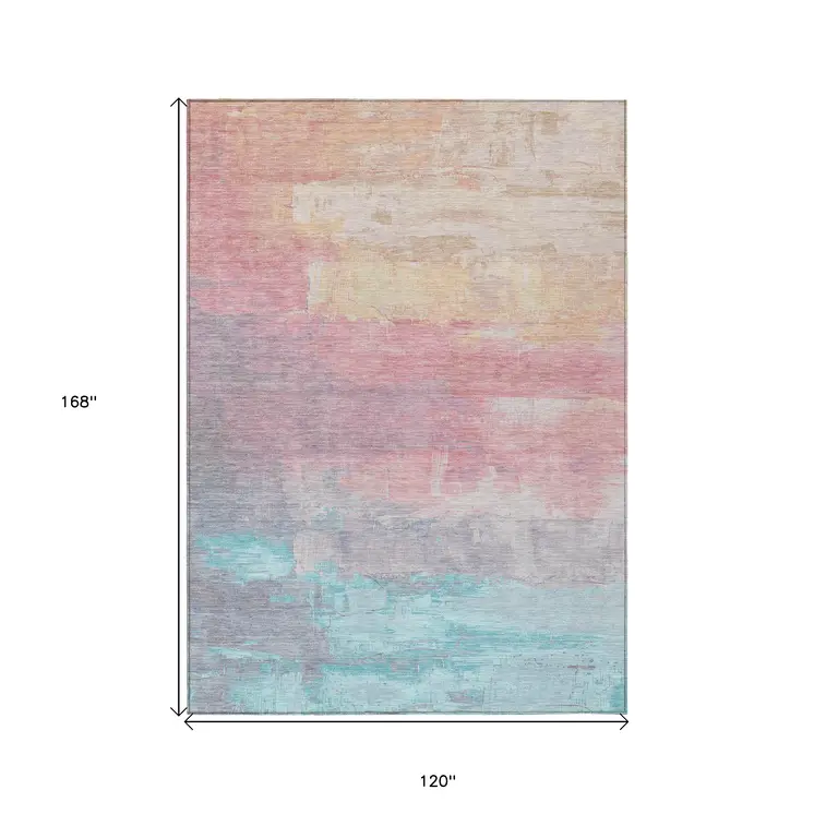 10' X 14' Salmon And Beige Abstract Washable Indoor Outdoor Area Rug
