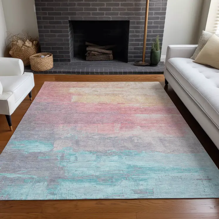 10' X 14' Salmon And Beige Abstract Washable Indoor Outdoor Area Rug