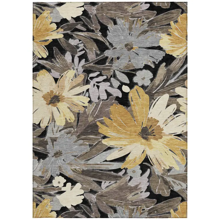 3' X 5' Black And Gray Floral Washable Indoor Outdoor Area Rug