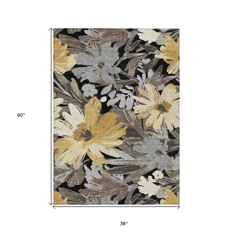3' X 5' Black And Gray Floral Washable Indoor Outdoor Area Rug