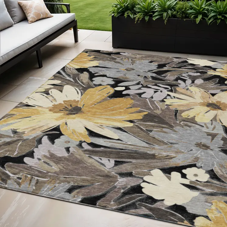 5' X 8' Black And Gray Floral Washable Indoor Outdoor Area Rug