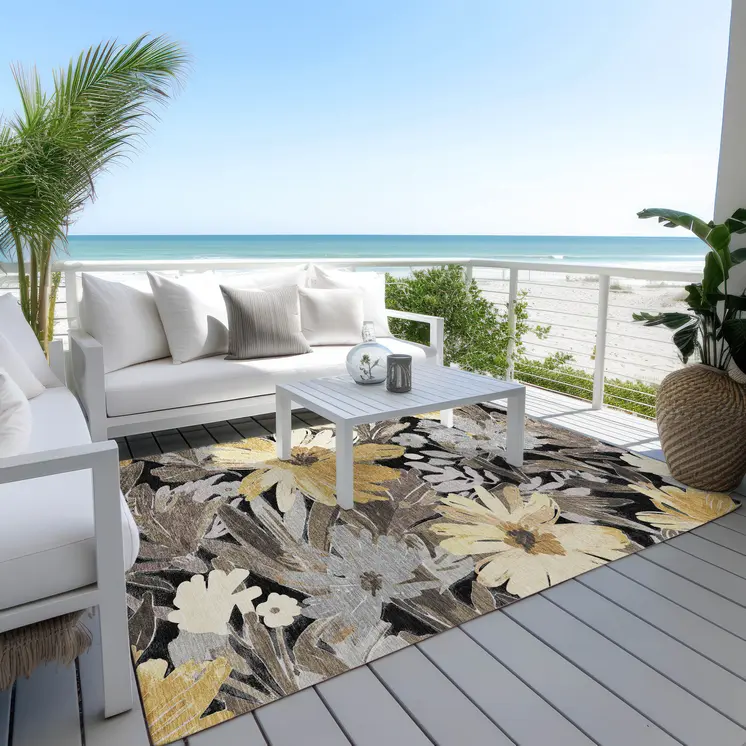 5' X 8' Black And Gray Floral Washable Indoor Outdoor Area Rug