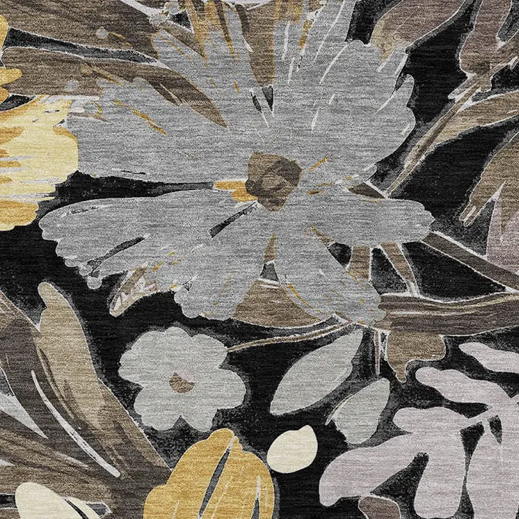 5' X 8' Black And Gray Floral Washable Indoor Outdoor Area Rug
