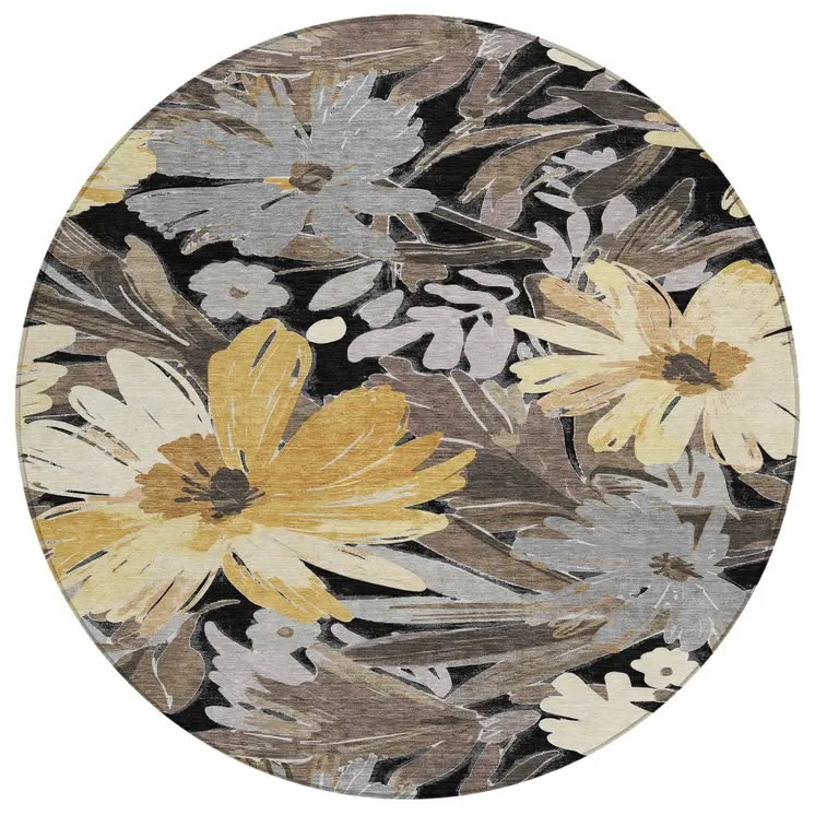 8' Black And Gray Round Floral Washable Indoor Outdoor Area Rug