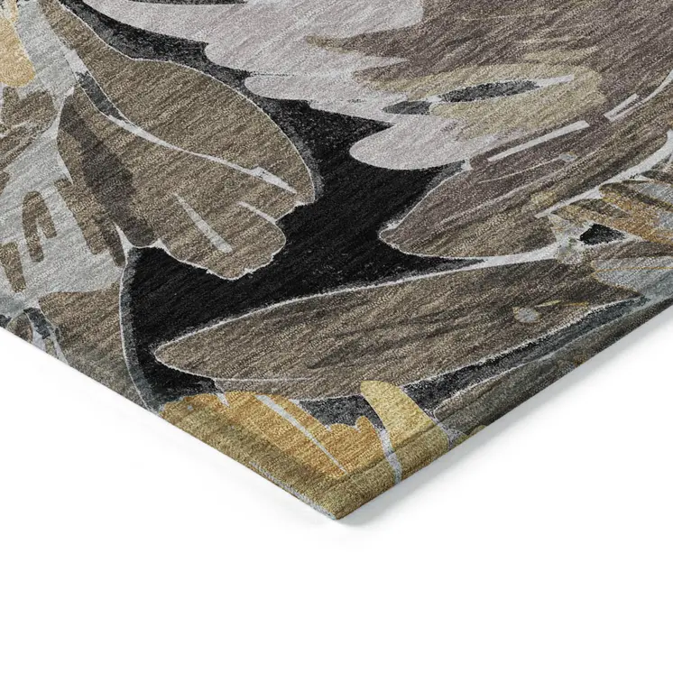 8' Black And Gray Round Floral Washable Indoor Outdoor Area Rug