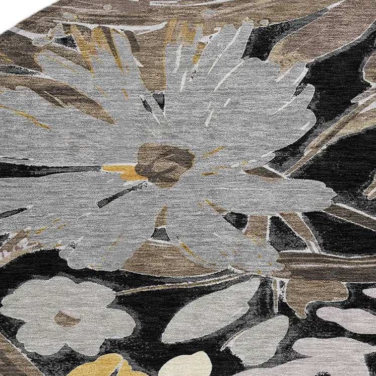 8' Black And Gray Round Floral Washable Indoor Outdoor Area Rug