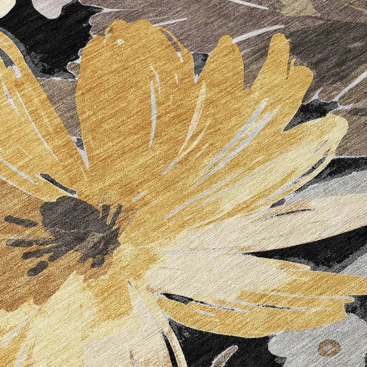 8' Black And Gray Round Floral Washable Indoor Outdoor Area Rug