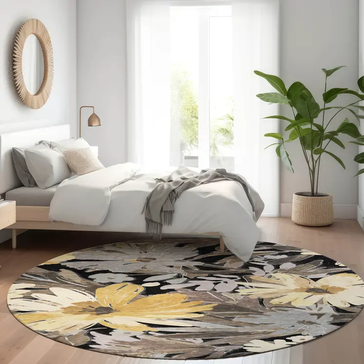 8' Black And Gray Round Floral Washable Indoor Outdoor Area Rug