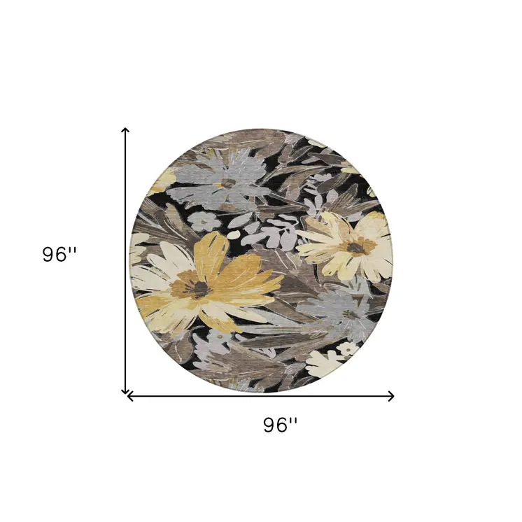 8' Black And Gray Round Floral Washable Indoor Outdoor Area Rug