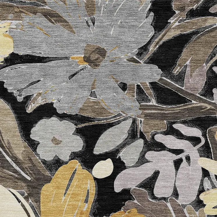 8' X 10' Black And Gray Floral Washable Indoor Outdoor Area Rug