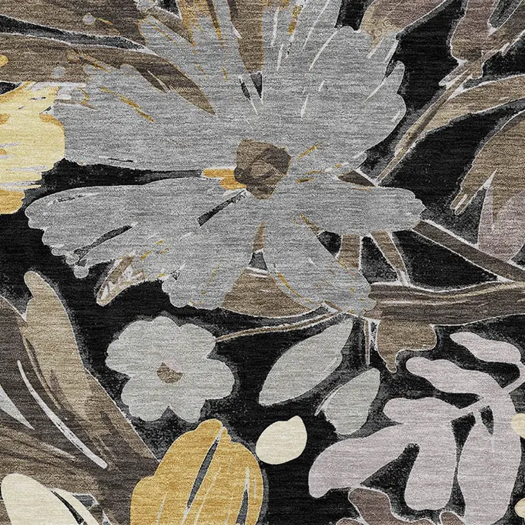 9' X 12' Black And Gray Floral Washable Indoor Outdoor Area Rug