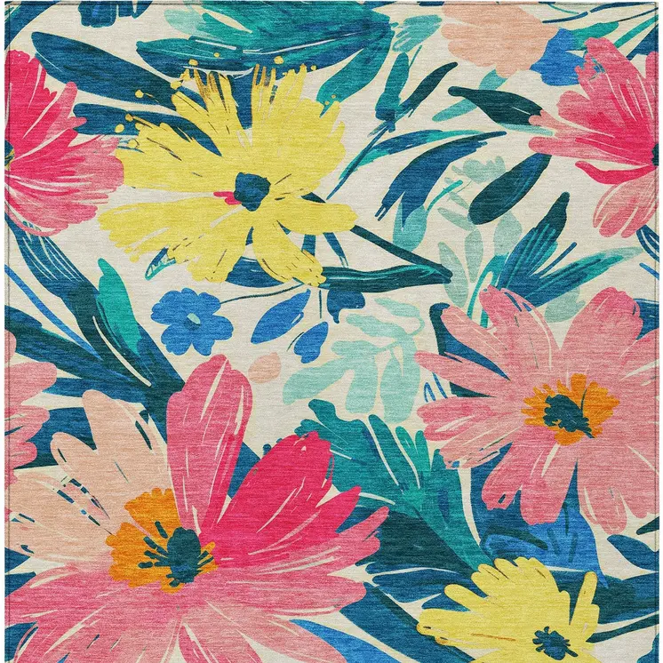 3' X 5' Blush And Pink Floral Washable Indoor Outdoor Area Rug