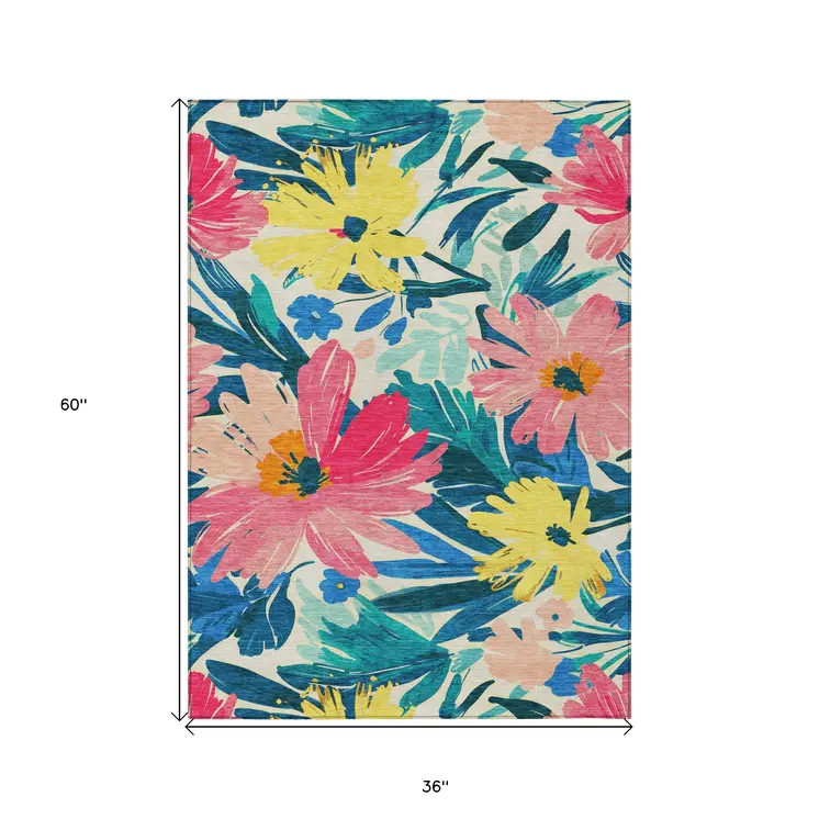 3' X 5' Blush And Pink Floral Washable Indoor Outdoor Area Rug