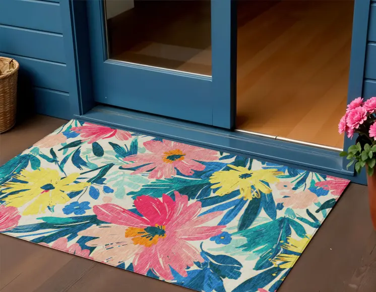 3' X 5' Blush And Pink Floral Washable Indoor Outdoor Area Rug