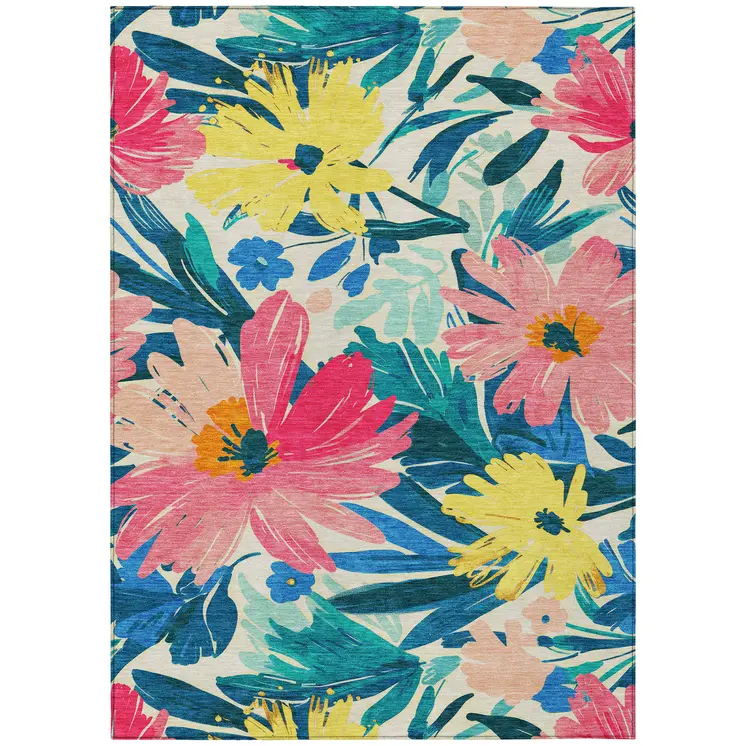 3' X 5' Blush And Pink Floral Washable Indoor Outdoor Area Rug