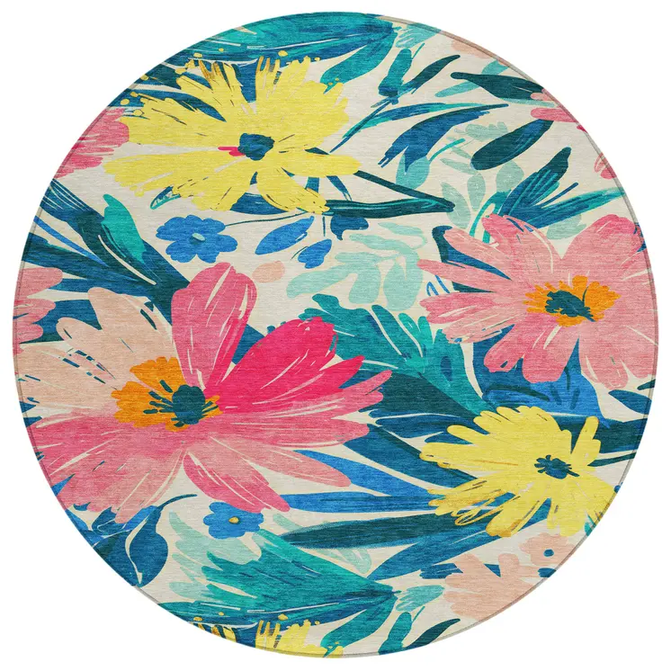 8' Blush And Pink Round Floral Washable Indoor Outdoor Area Rug