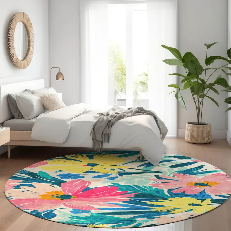 8' Blush And Pink Round Floral Washable Indoor Outdoor Area Rug