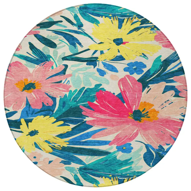 8' Blush And Pink Round Floral Washable Indoor Outdoor Area Rug