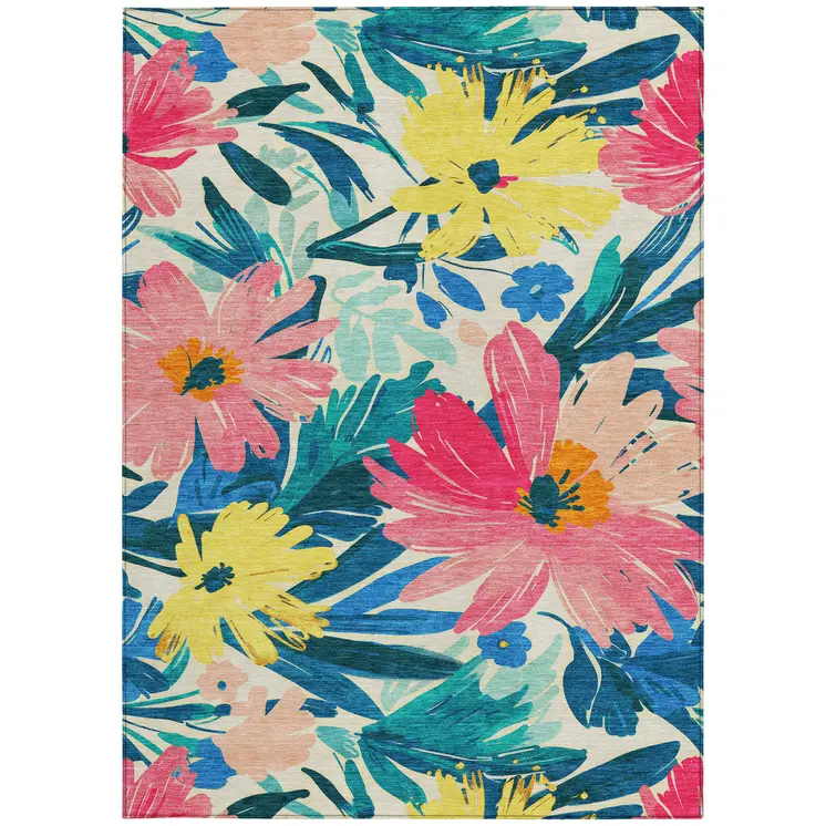 10' X 14' Blush And Pink Floral Washable Indoor Outdoor Area Rug