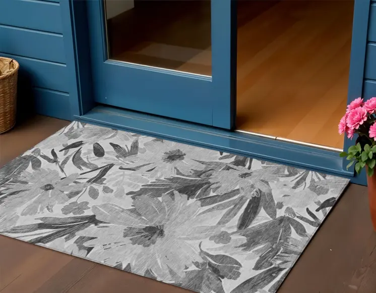 3' X 5' Gray And Charcoal Floral Washable Indoor Outdoor Area Rug