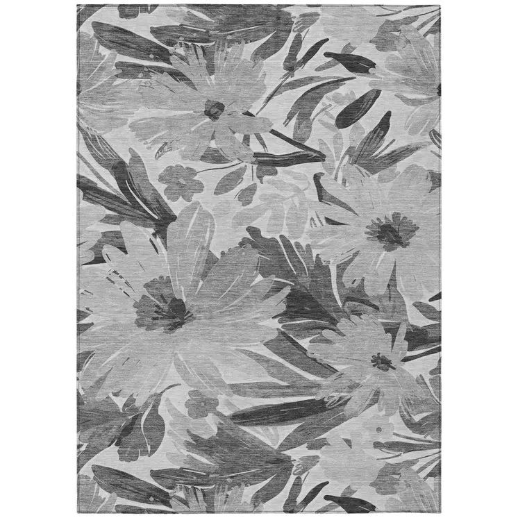 3' X 5' Gray And Charcoal Floral Washable Indoor Outdoor Area Rug