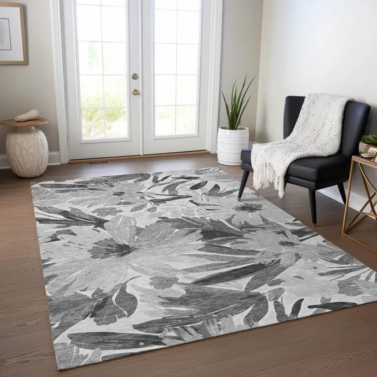 3' X 5' Gray And Charcoal Floral Washable Indoor Outdoor Area Rug