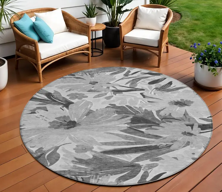 8' Gray And Charcoal Round Floral Washable Indoor Outdoor Area Rug