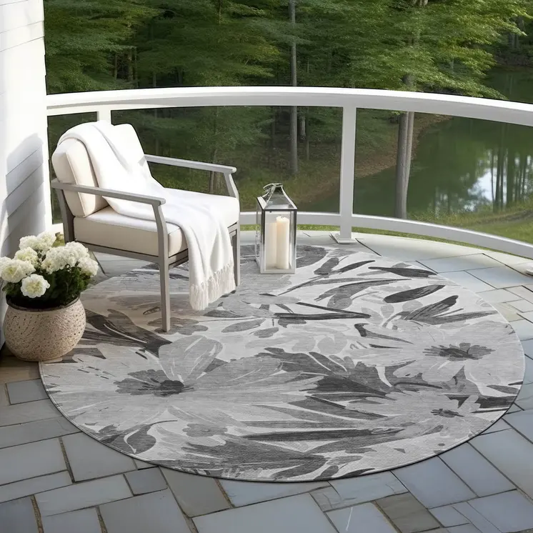 8' Gray And Charcoal Round Floral Washable Indoor Outdoor Area Rug