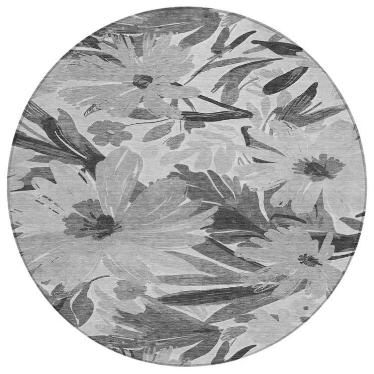 8' Gray And Charcoal Round Floral Washable Indoor Outdoor Area Rug