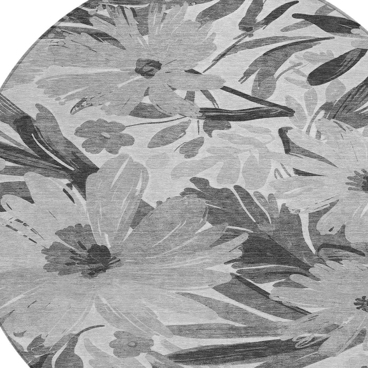 8' Gray And Charcoal Round Floral Washable Indoor Outdoor Area Rug