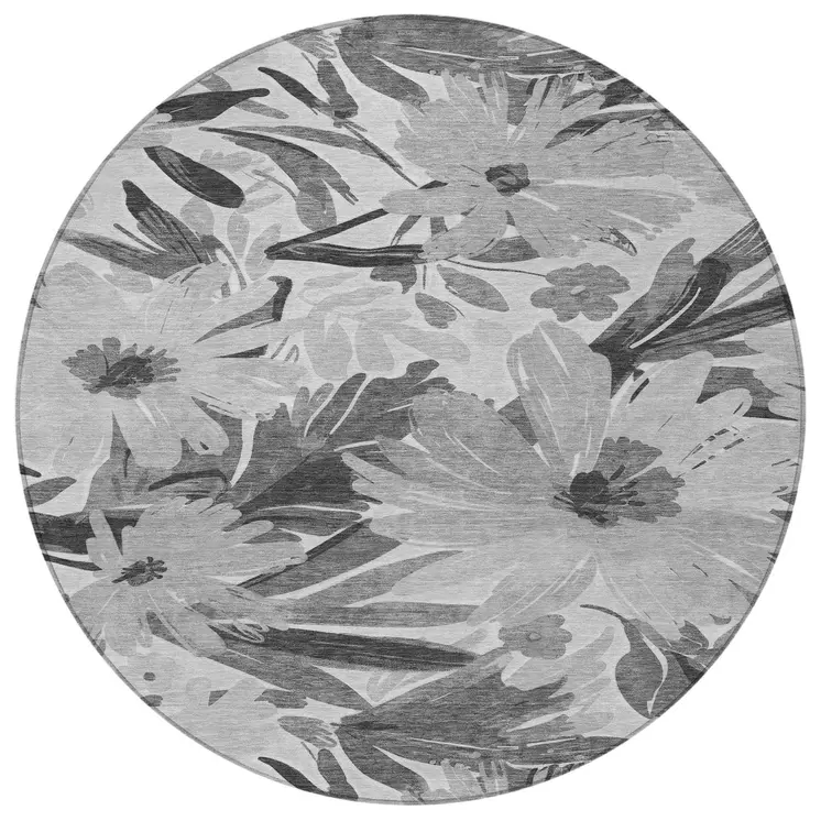 8' Gray And Charcoal Round Floral Washable Indoor Outdoor Area Rug