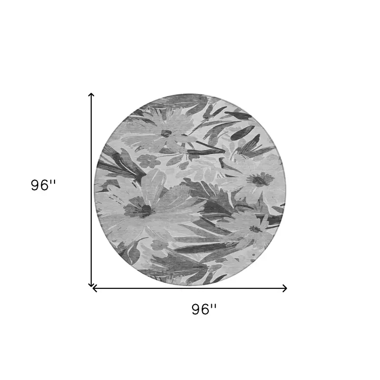 8' Gray And Charcoal Round Floral Washable Indoor Outdoor Area Rug