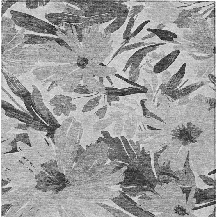 8' X 10' Gray And Charcoal Floral Washable Indoor Outdoor Area Rug