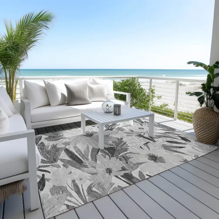 8' X 10' Gray And Charcoal Floral Washable Indoor Outdoor Area Rug