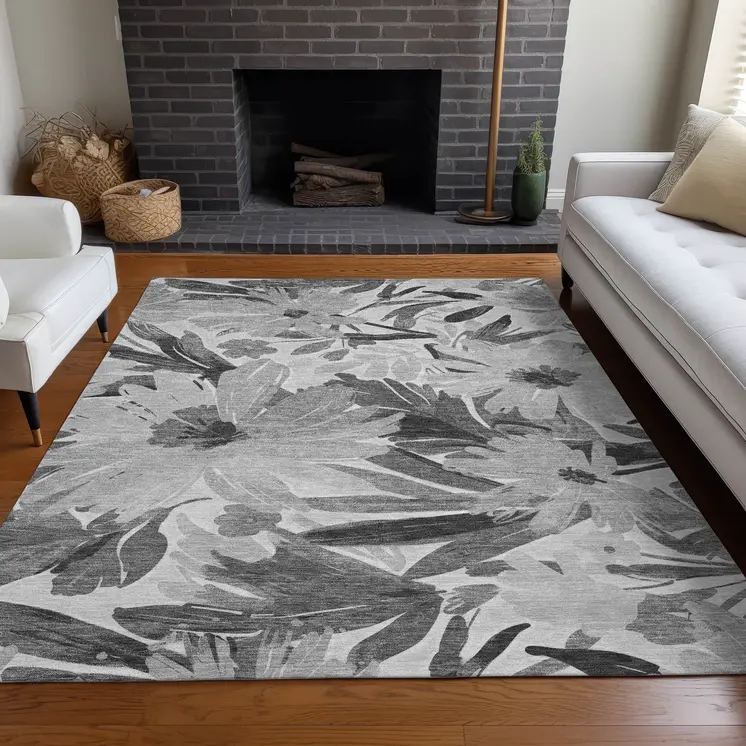 9' X 12' Gray And Charcoal Floral Washable Indoor Outdoor Area Rug