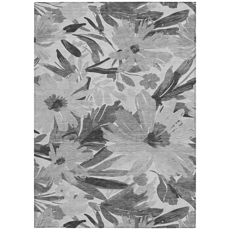 10' X 14' Gray And Charcoal Floral Washable Indoor Outdoor Area Rug
