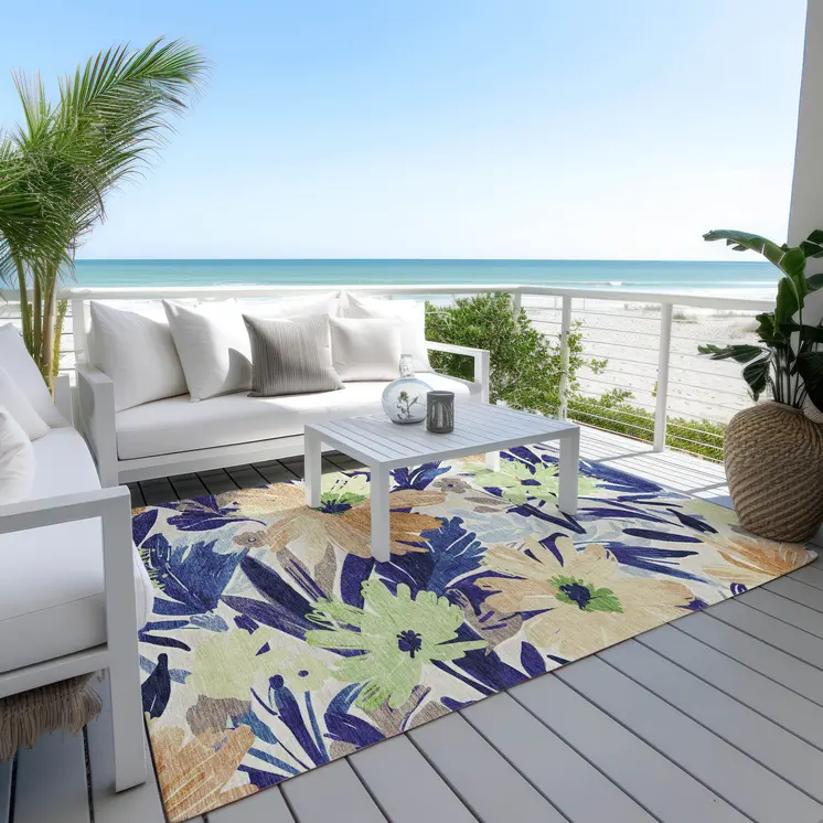 5' X 8' Navy Blue And Beige Floral Washable Indoor Outdoor Area Rug
